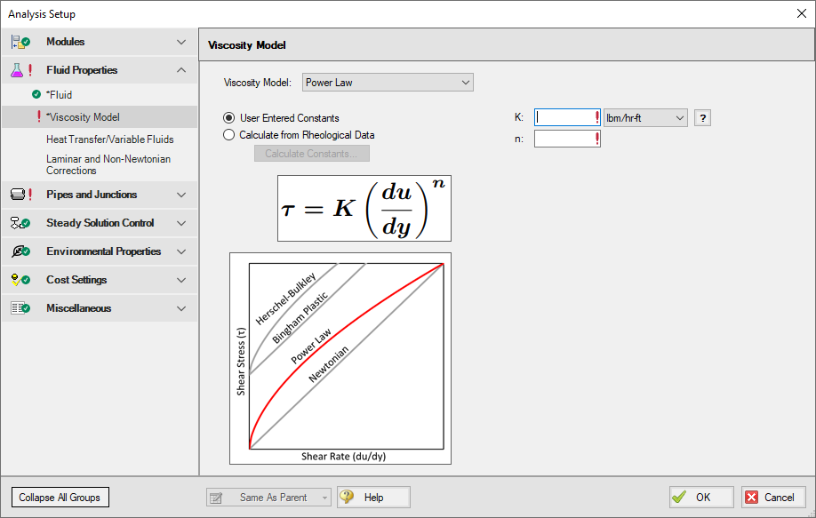 The Viscosity Model panel in Analysis Setup. Power Law is selected as the Viscosity Model.